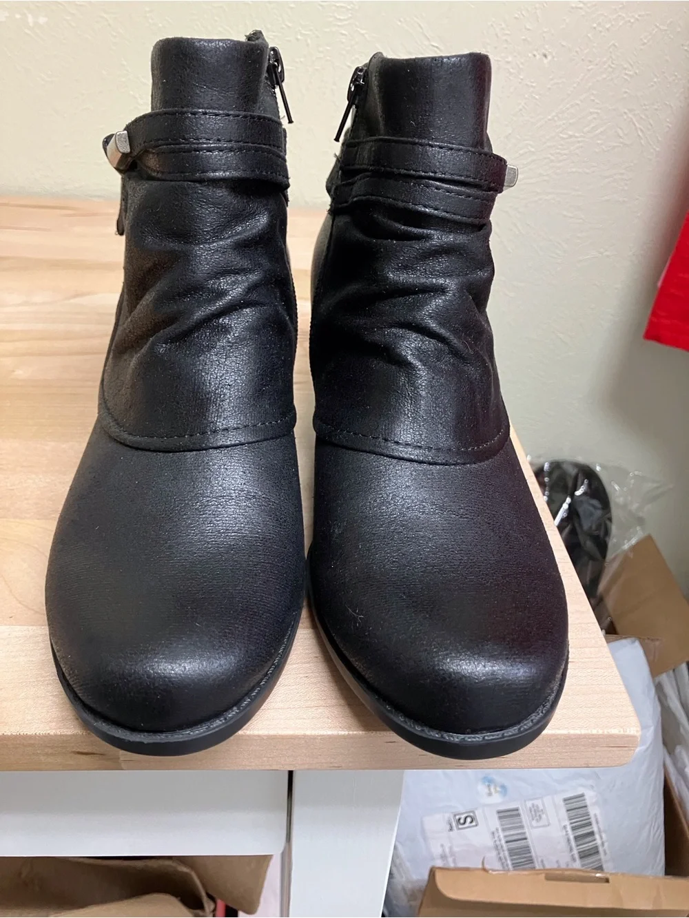 BareTraps Black Faux Leather Ankle Booties with Wrap Strap Detail